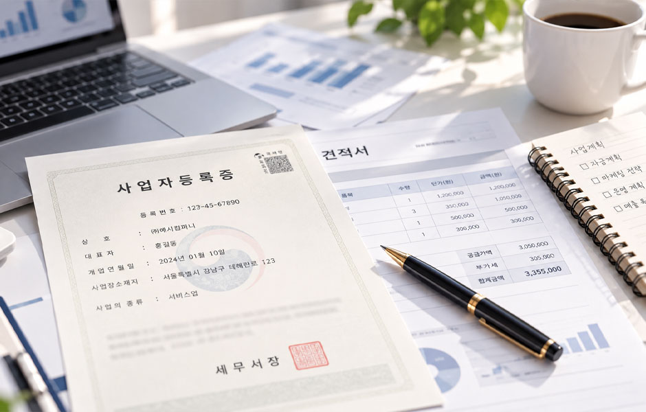 서류와 펜, 노트북