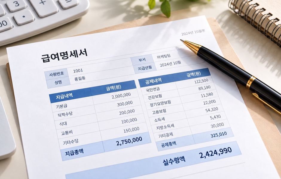 급여명세서와 펜